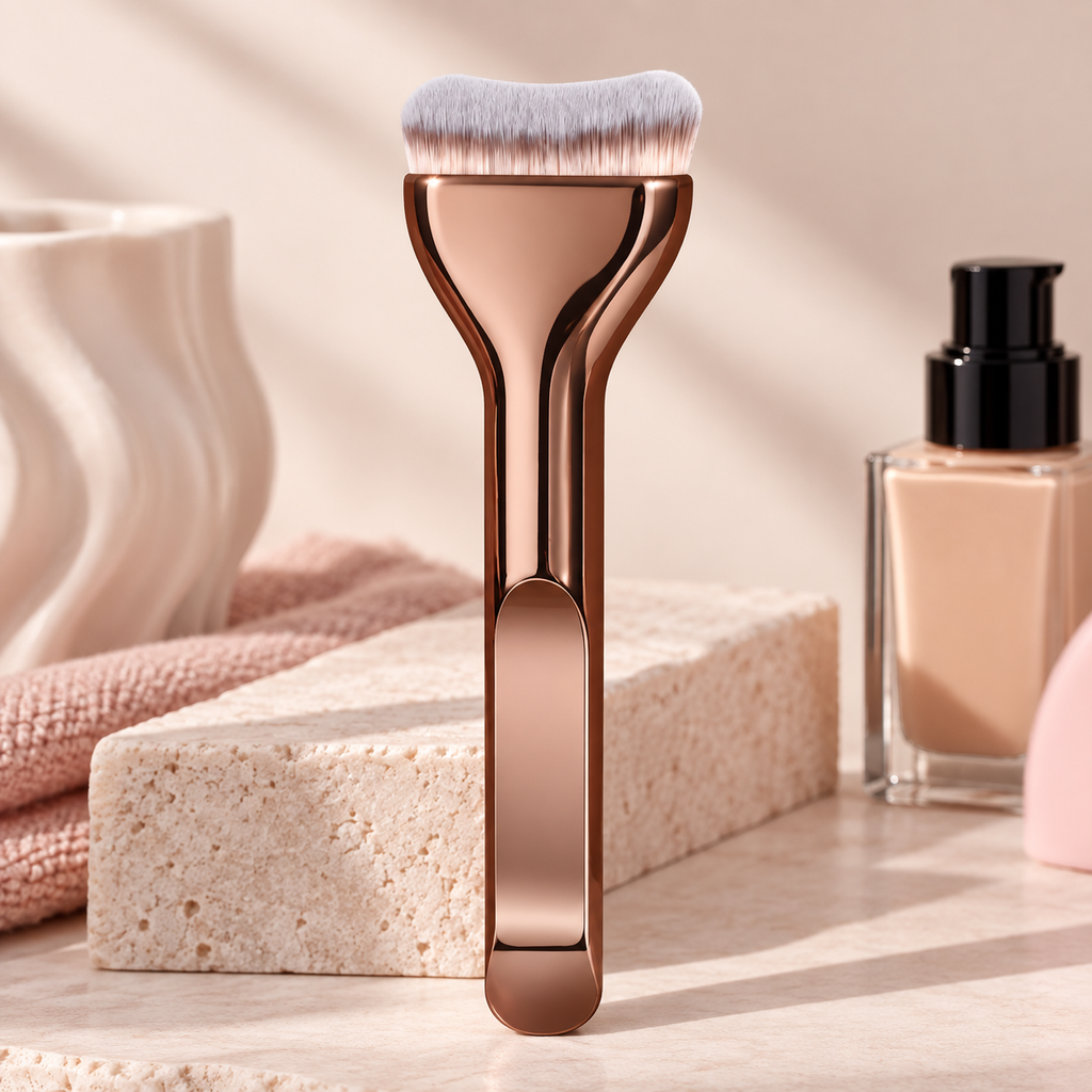 Curved foundation brush with rose gold handle next to a foundation bottle