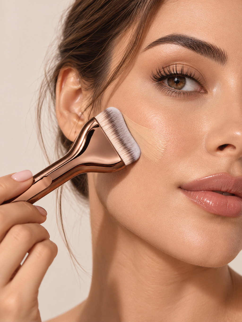 Woman blending foundation along her cheekbone with the curved brush