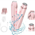 Pink dual-head body shaver with comb guard, cleaning brush and USB-C cable