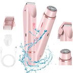 Pink dual-head body shaver with comb guard, cleaning brush and USB-C cable