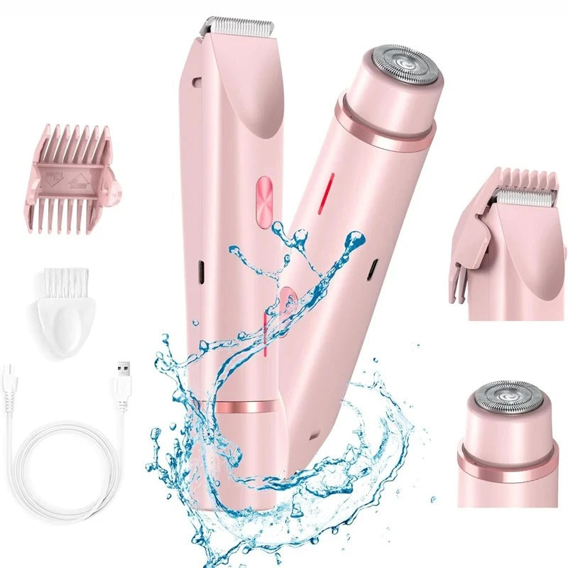 Pink dual-head body shaver with comb guard, cleaning brush and USB-C cable