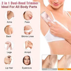 Areas the dual-head trimmer works on: arms, face, back, bikini line, legs, underarms, lip and brows
