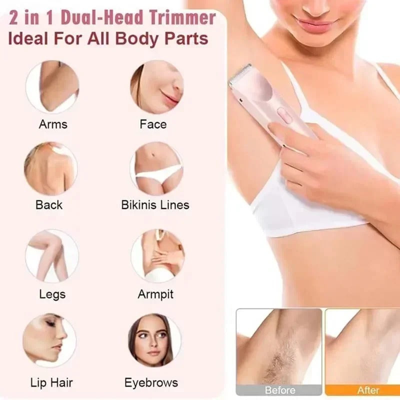 Areas the dual-head trimmer works on: arms, face, back, bikini line, legs, underarms, lip and brows