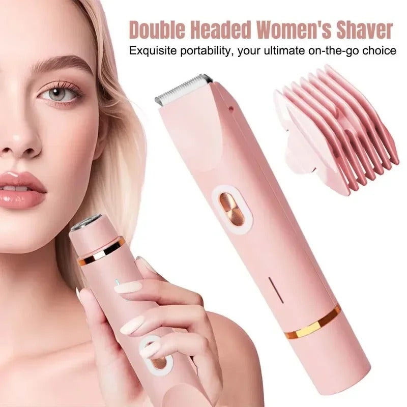 Woman holding the pink dual-head shaver near her face