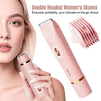 Woman holding the pink dual-head shaver near her face