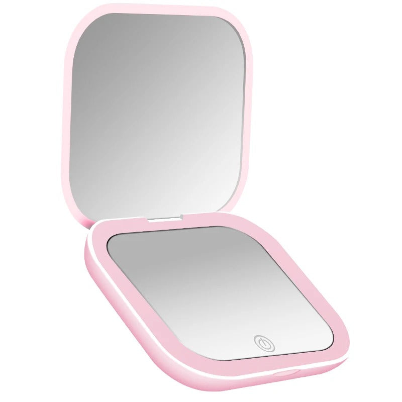 Pink LED compact mirror open with lighted frame