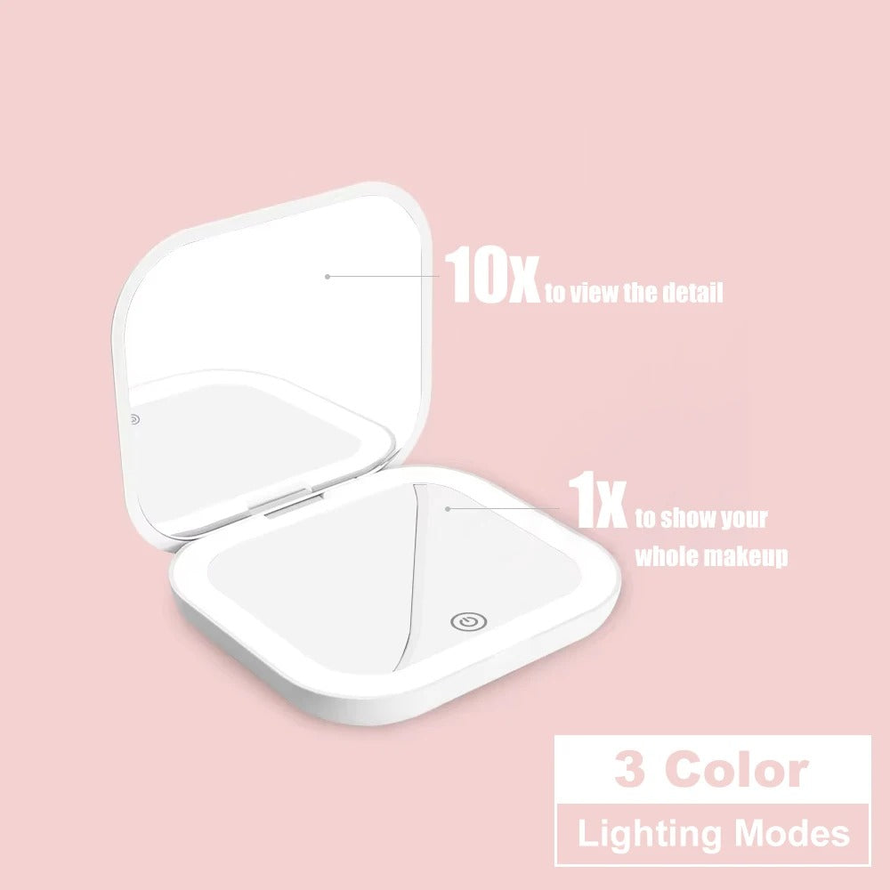 White compact mirror with 10X and 1X mirrors and three lighting modes